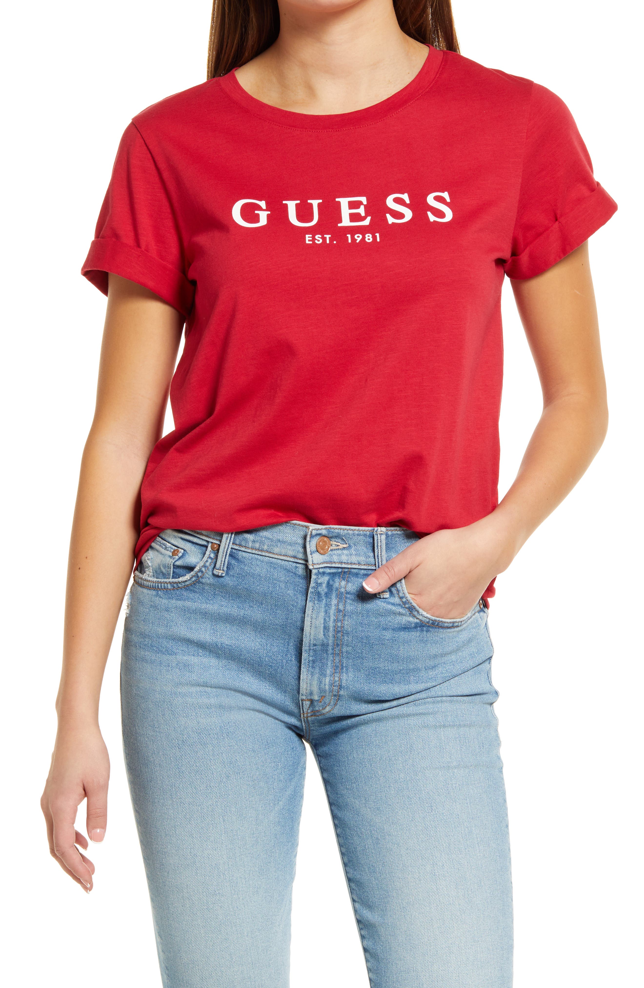 GUESS Factory Womens Marie V-Neck Front Pocket Logo Tee 